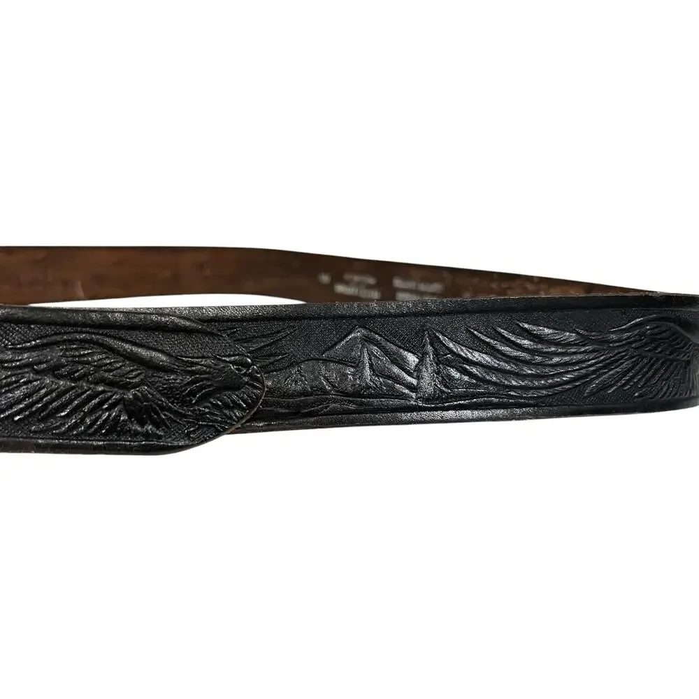Vintage HAND TOOLED Belt WESTERN Eagle Black Leather Made In U.S.A Men’s 44
